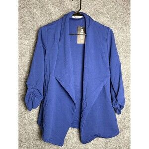NWT Doublju Deep Blue Draped Open Front Blazer Ruched 3/4 Sleeves